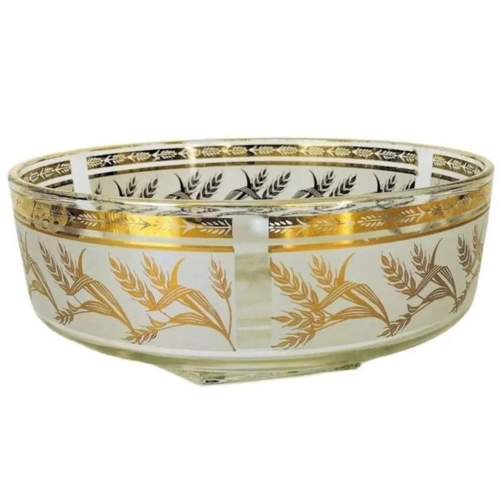 Vintage 60s MCM Gold Wheat Heavy Bottom Frosted Glass Pedestal Chip Bowl